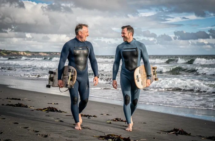 Deux surfeurs en combinaison néoprène marchant sur une plage bretonne avec leurs planches de surf sous le bras