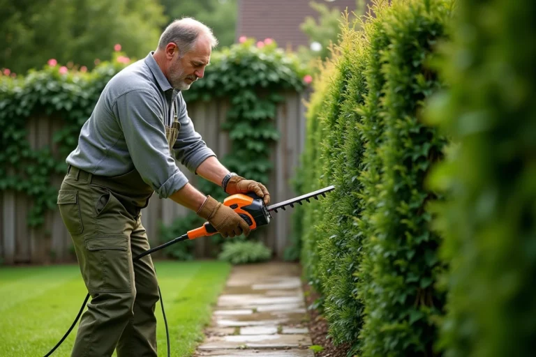Homme utilisant un taille-haie électrique pour tailler une haie de thuyas dans un jardin résidentiel