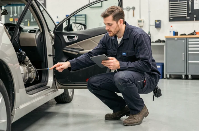 Technicien automobile analysant la transmission e-DCT6 d'un véhicule hybride 136 en atelier