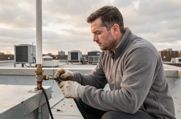 Technicien inspectant une station météo sur un toit pour diagnostiquer une coupure de signal liée à un connecteur défaillant