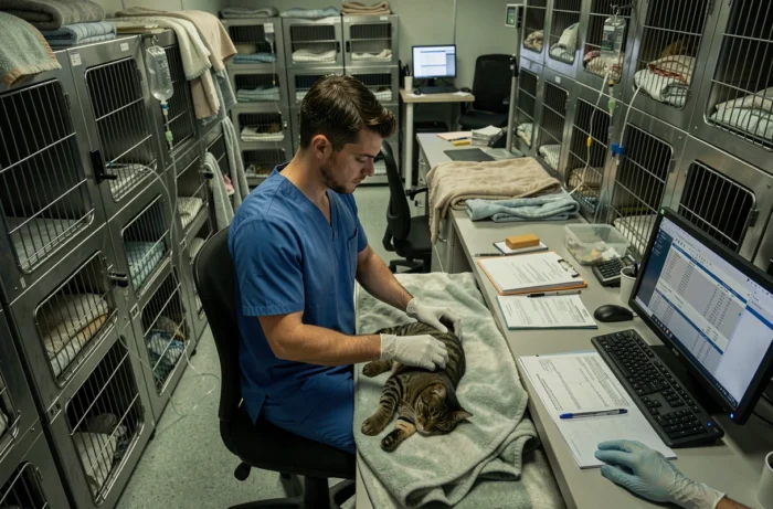 Technicien vétérinaire surveillant des animaux en récupération dans les chenils d'une clinique la nuit