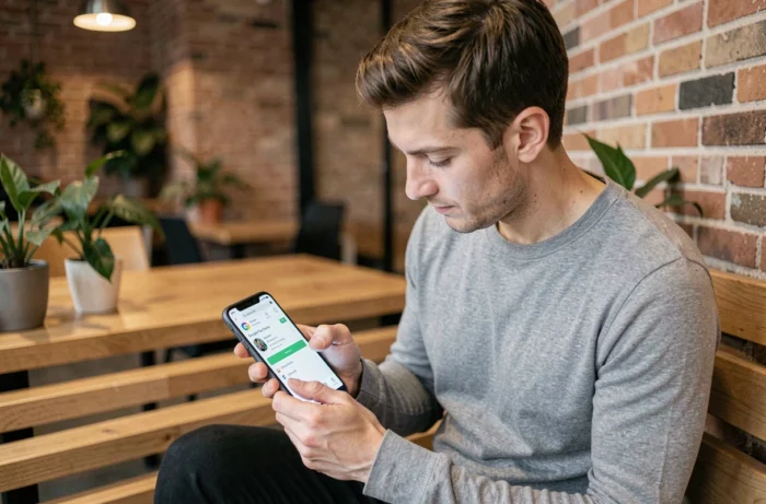 Homme téléchargeant l'application MyPeopleDoc depuis le Google Play Store sur un smartphone Android dans un espace de coworking