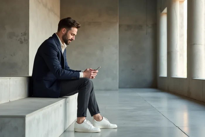 Homme en blazer marine structuré et sneakers blanches assis dans une galerie d'art moderne, style masculin tendance saison