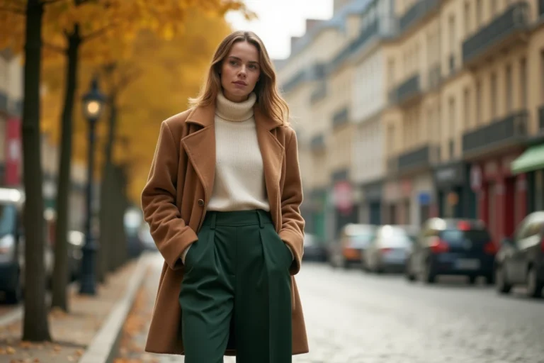 Femme portant un manteau camel oversize et un pantalon large vert forêt dans une rue pavée parisienne en automne, tendances mode saison