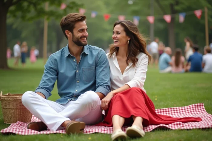 Couple stylé en tenues coordonnées rouge blanc et bleu pour un pique-nique du 4 juillet dans un parc