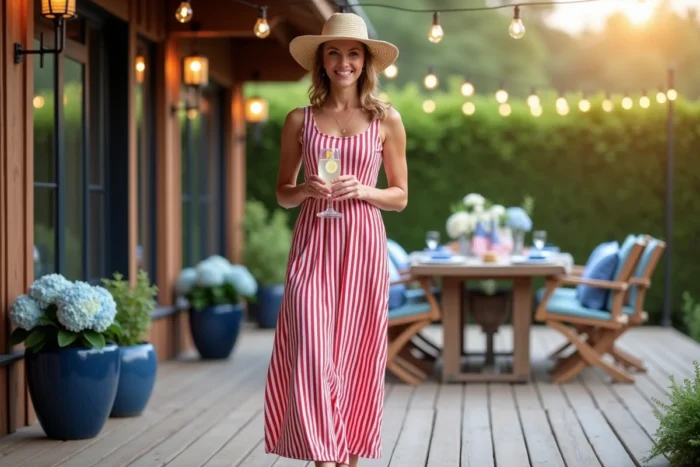 Femme chic en robe maxi rayée rouge et blanc avec chapeau de paille lors d'une garden party du 4 juillet