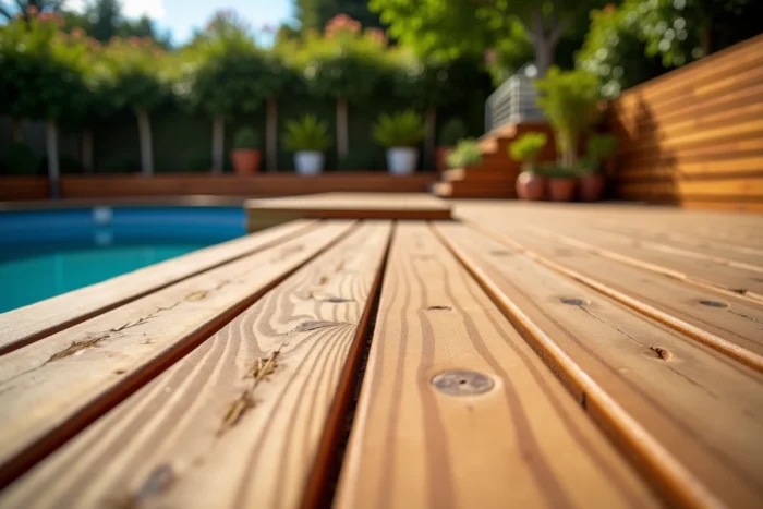 Terrasse surélevée en bois avec escalier à palier donnant accès à une piscine hors sol dans un jardin résidentiel soigné