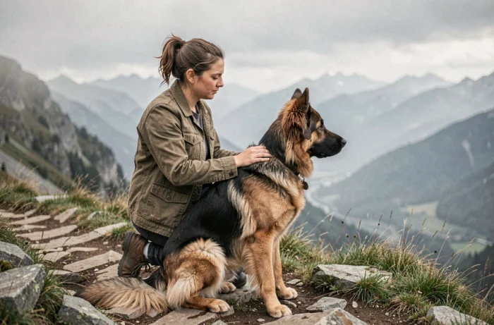 Maîtresse et son chien Timber Shepherd sur un sentier de montagne, illustrant la relation entre l'homme et ce chien de berger historique