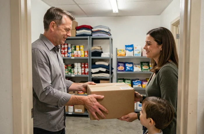 Travailleur social remettant un colis d'aide alimentaire à une famille dans un centre de dons associatif