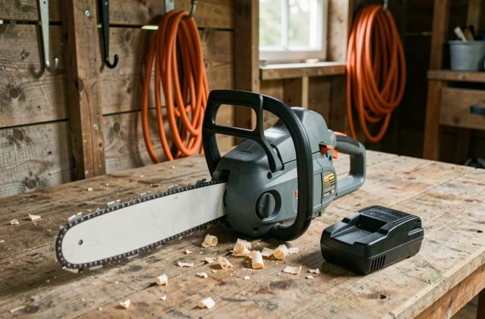 Tronçonneuse sans fil Black+Decker GKC3630L25-QW posée sur un établi en bois avec sa batterie amovible