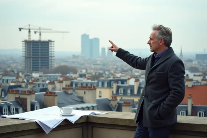 Urbaniste analysant le paysage immobilier urbain depuis une terrasse sur les toits