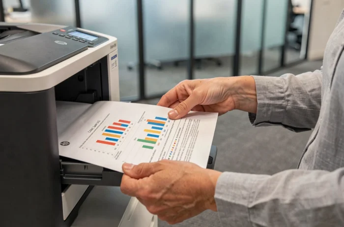 Femme récupérant un document imprimé en couleur depuis le bac de sortie de l'imprimante HP M280nw dans un bureau professionnel