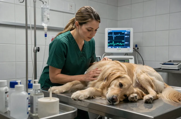 Vétérinaire examinant un chien golden retriever la nuit dans une clinique vétérinaire