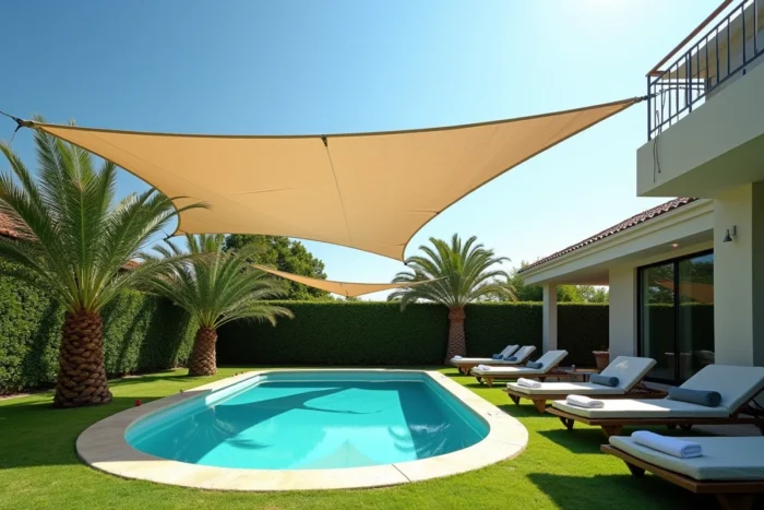 Voile d'ombrage triangulaire tendue au-dessus d'une piscine hors sol dans un jardin résidentiel ensoleillé