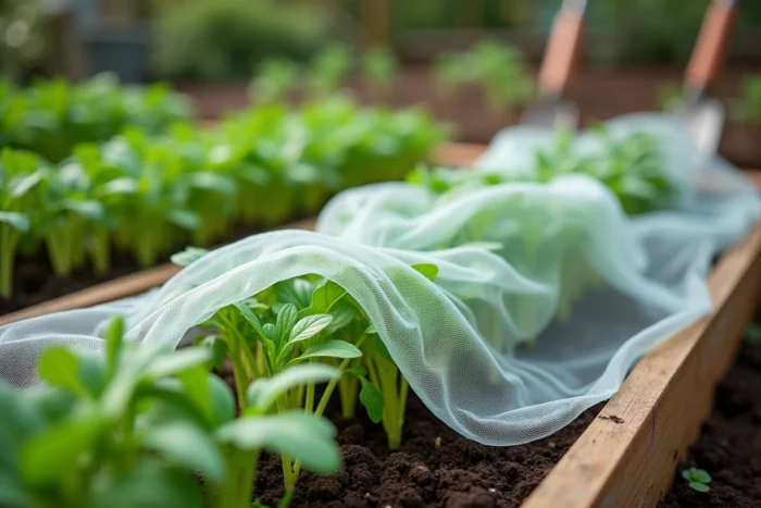 Rangée de jeunes pousses de roquette protégées par un voile anti-insectes contre les altises au potager