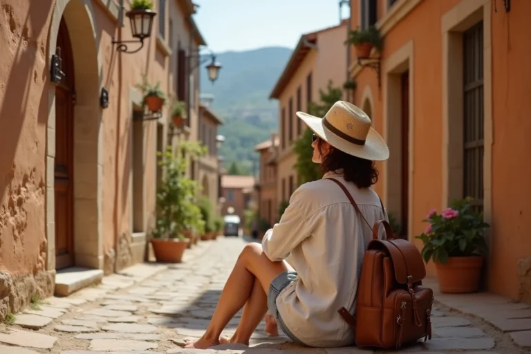 Voyageuse assise sur des marches en pierre dans un village méditerranéen typique, illustrant un voyage slow travel inoubliable en 2024