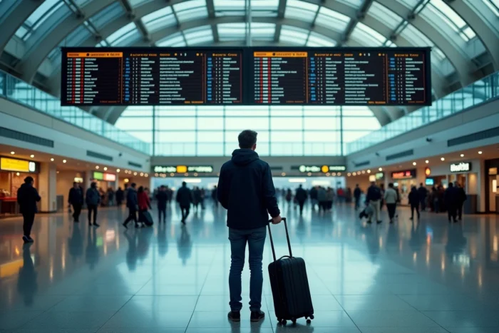 Voyageur en aéroport international consultant le tableau des départs avec valise, préparant son voyage mondial