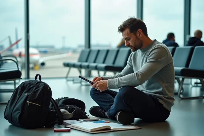 Voyageur organisant ses documents et bagages dans un aéroport international avant un départ en voyage à l'étranger