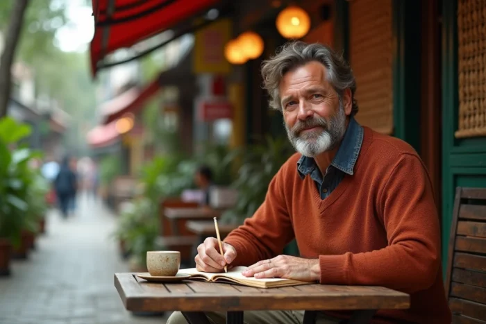 Voyageur solitaire écrivant dans son journal dans un café de rue d'Asie du Sud-Est, incarnant l'esprit du slow travel en 2024