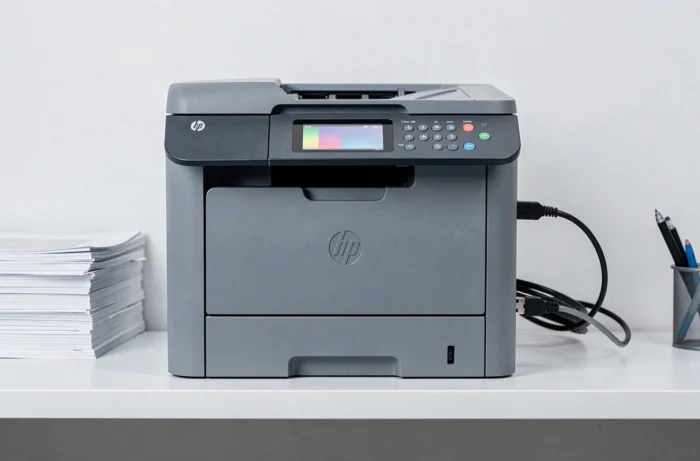 Vue frontale de l'imprimante HP Color LaserJet Pro M280nw sur fond blanc montrant l'écran tactile et le panneau de contrôle