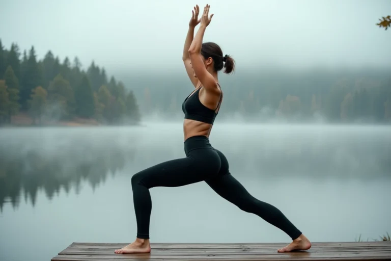 Femme pratiquant le yoga en plein air sur un ponton en bois au bord d'un lac, posture guerrière dynamique dans un cadre naturel serein
